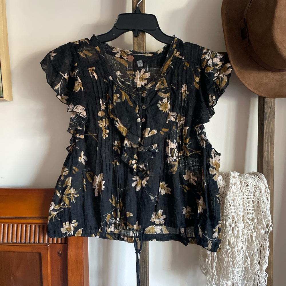 Free People Black and Gold Floral Ruffle Blouse